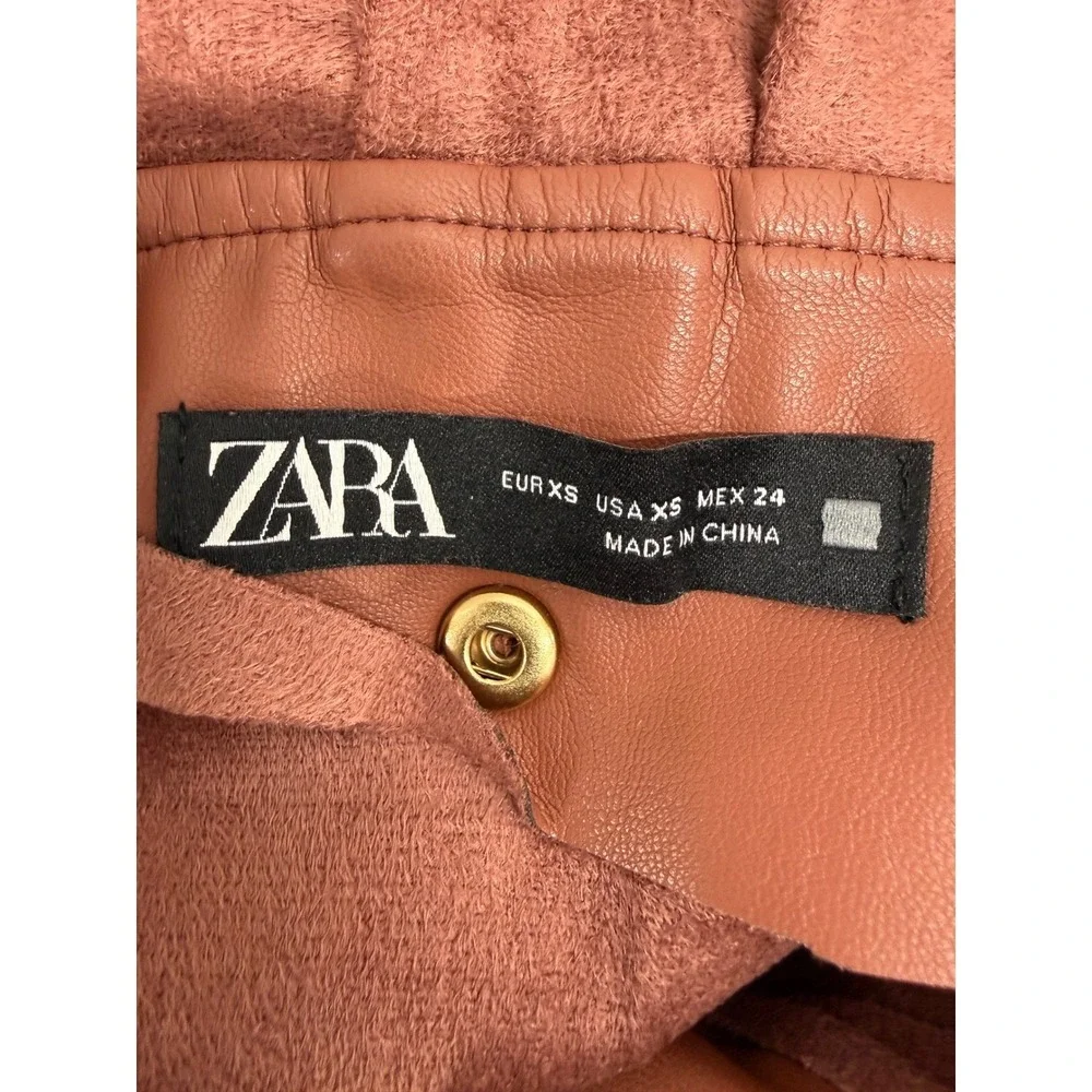 Zara Faux Leather Paperbag Mini Skirt Rust Brown Pleated Ruffle Belted XS
